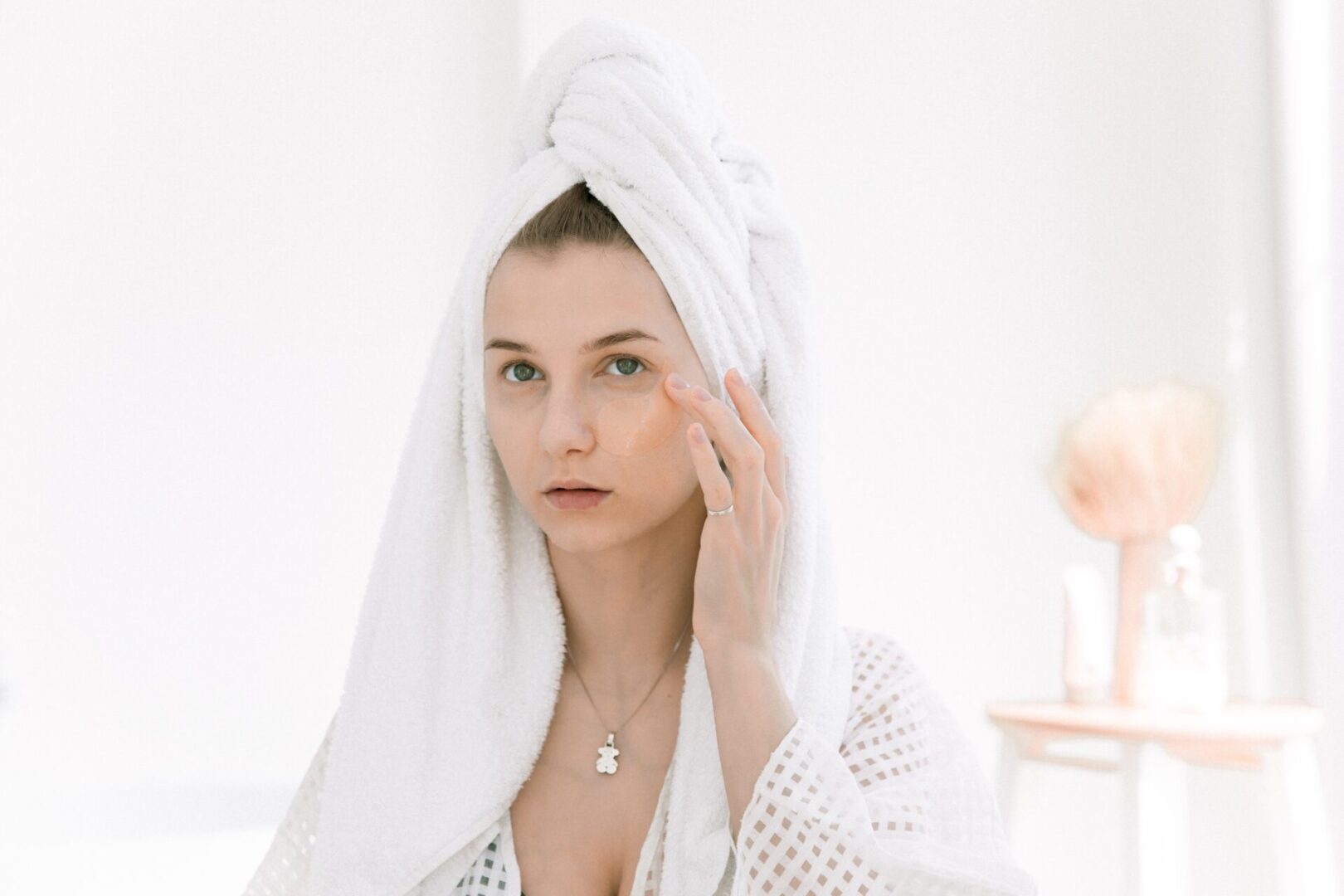 A woman with a towel on her head