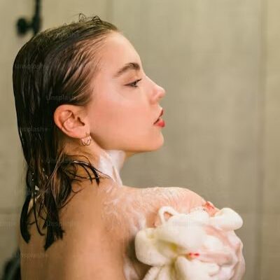 Woman washing herself with a loofah in the shower.